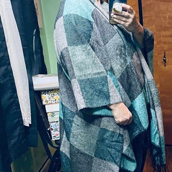 Gorgeous Large Patchwork Wrap in Teal, Black, Gray, and Dark Blues - Picture 2 of 2